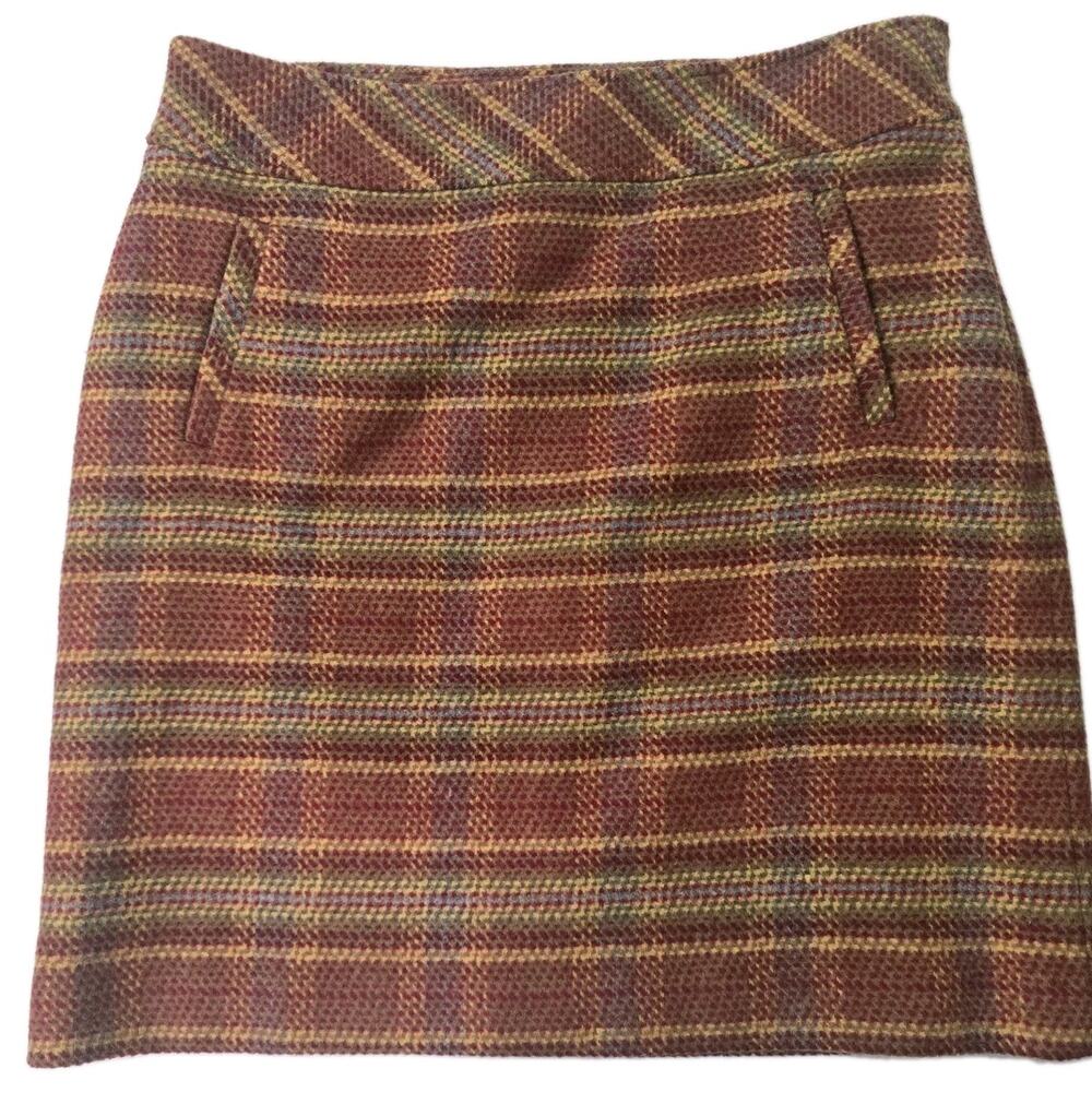 Talbots Wool Blend Plaid Tweed Skirt Size 8 Lined Side Zip Front Pockets Brown